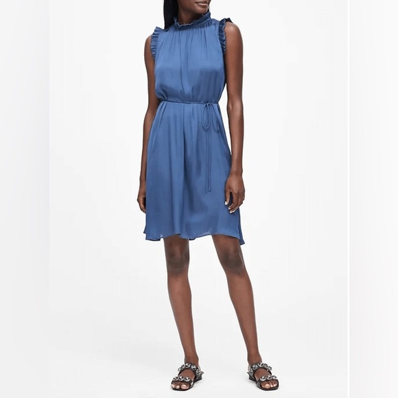 BANANA REPUBLIC Sleeveless Soft Satin Ruffled Dress in Indigo Fog Blue - Picture 1 of 5